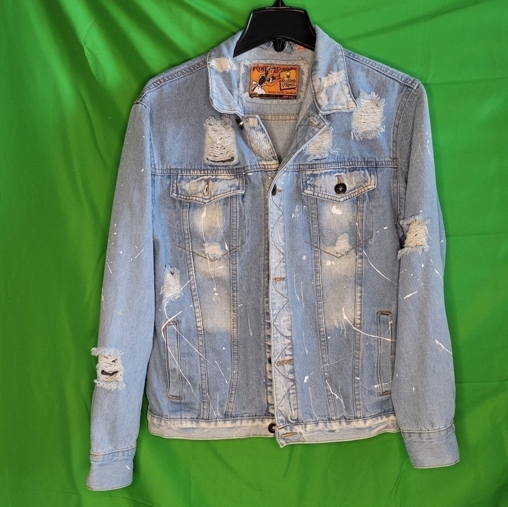 Rolling Paper distressed  denim jacket size.